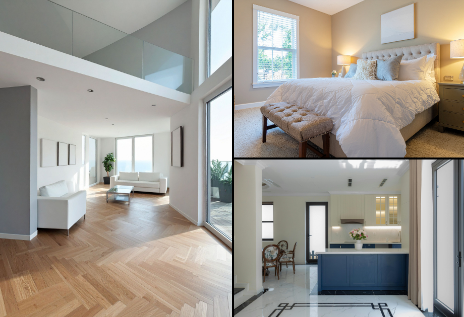 Collage of home interiors featuring flooring types with strong resale appeal, including a bright living room with herringbone hardwood floors, a carpeted bedroom, and a modern kitchen with tile flooring.